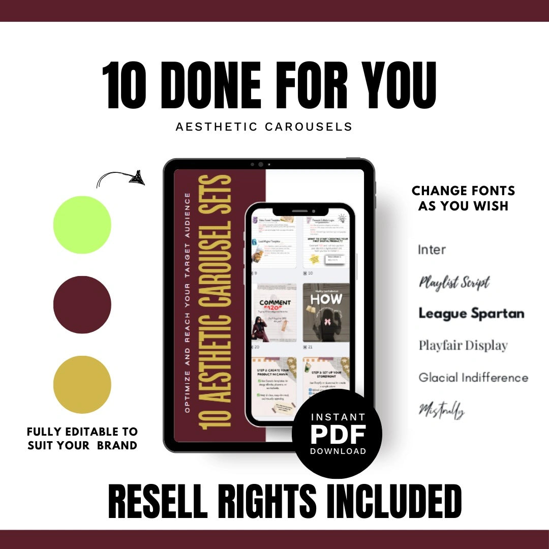 10 Premium Done-for-You Aesthetic Viral Carousel Set (Editable on Canva, Master Resell Rights)